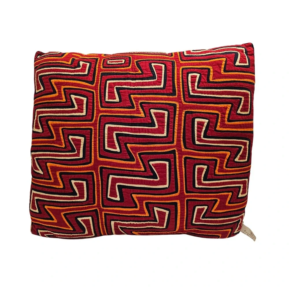 Handmade Kuna Indian Mola Pillow Red Geometric‎ Folk Art Panama 16x13